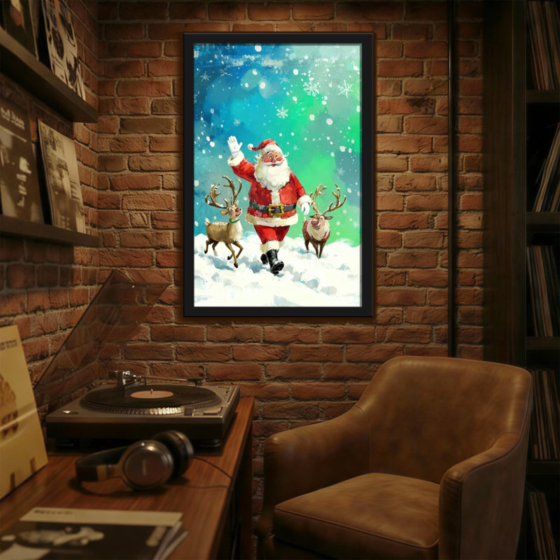 Noël père Noël qui court avec des rennes dans la neige, H 30 po x l 20 po