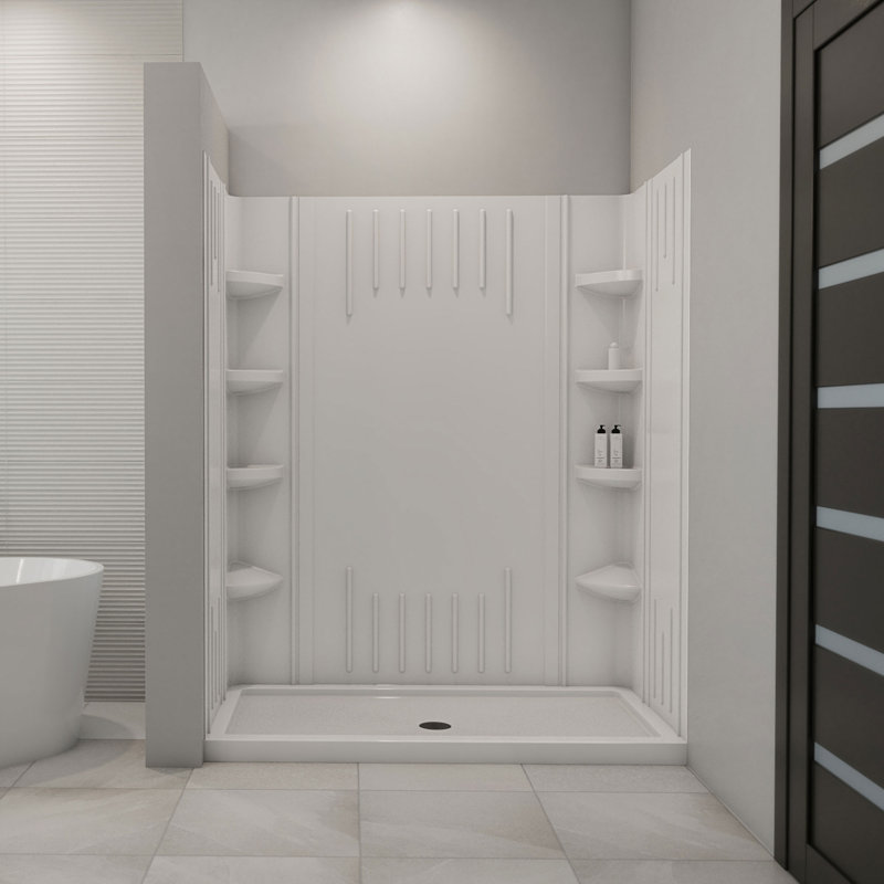 White Acrylic Alcove Shower Kit with Shelves and Center Drain