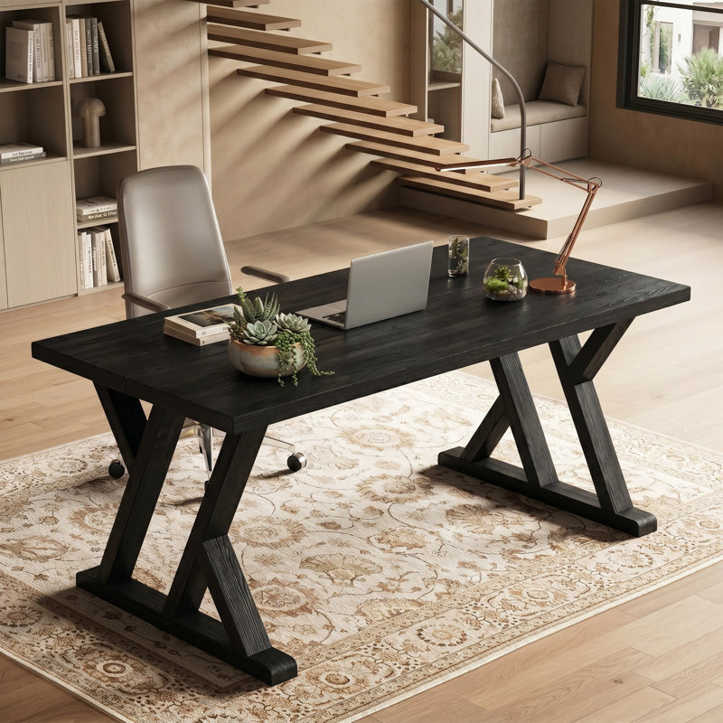 Bureau de direction 63 po en bois massif, grand bureau à domicile en bois Farmhouse, Black