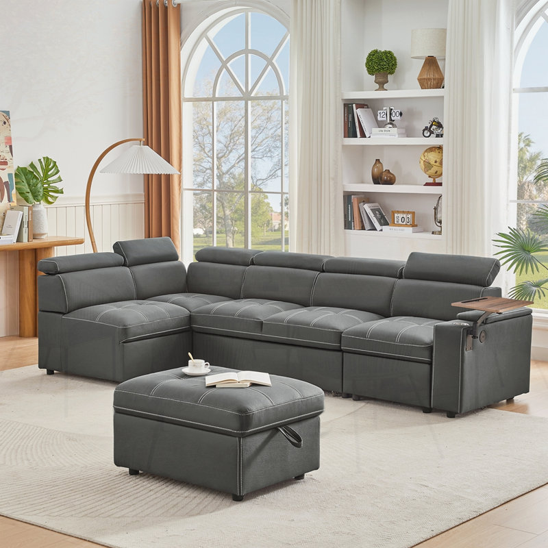 Canapé modulaire en tissu avec repose-pieds, Tissu gris