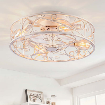 20'' Caged Ceiling Fan with Lights, Remote Control, 6 Speeds, Reversible Motor for Living and Dining Rooms in White Brushed Gold