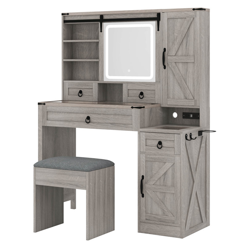 Bureau de coiffeuse avec miroir coulissant et lumières, ensemble de coiffeuse avec plateau en verre et station de charge, coiffeuse avec 4 tiroirs et 2 armoires