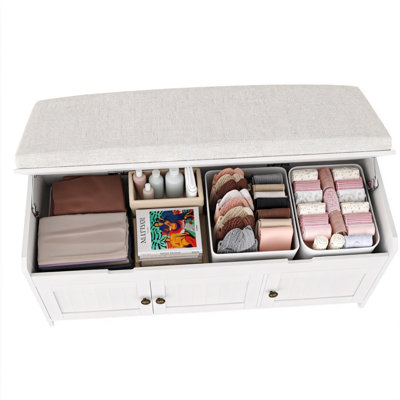 Shoe Bench With Lift-Top Storage, Cushioned Seat And Hidden Compartment, 1, (White)