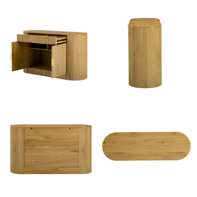 Armoire de rangement moderne 55,1 po avec 2 portes et 2 tiroirs, buffet à rayures en MDF avec poignées en aluminium, portes latérales courbées et tablettes à 3 niveaux pour le salon, la chambre à coucher et la salle à manger