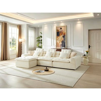 129.8" White Fluffy Lamb Wool Sectional Sofa, Oversized Deep Seat L Shaped Modular Corner Couch, Plush Cloud Comfy Large Combination Sofa With Throw Pillows For Living Room