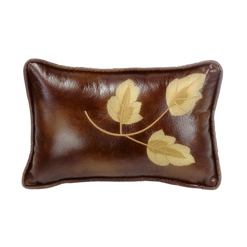 Highland Lodge Brown Embroidery Leaf Faux Leather Rustic Cabin Lodge 12x19 inch Lumbar Pillow