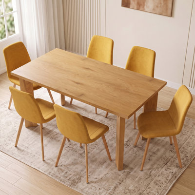 Ensemble de table de salle à manger 6 pièces rectangulaire en bois pour 6 personnes, grande table de cuisine en bois massif avec 6 chaises rembourrées, ensemble de mobilier de salle à manger moderne peu encombrant