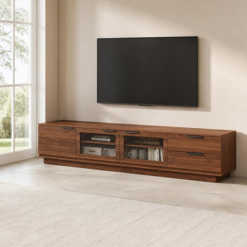 Meuble télé sur pied compatible avec les téléviseurs de 85 po ou moins, centre de divertissement multifonctionnel avec beaucoup de rangement, charnières à fermeture en douceur, portes vitrées, gestion des câbles, tiroirs coulissants