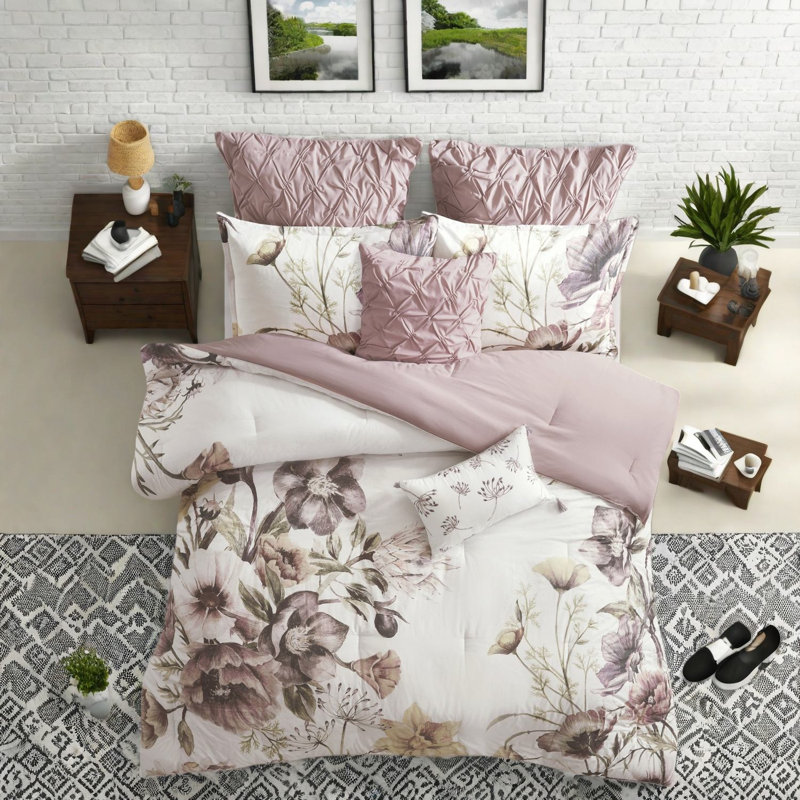 Elegant Blush Bedding Sets, Polyester Comforter With Chic Floral Design For Bedroom