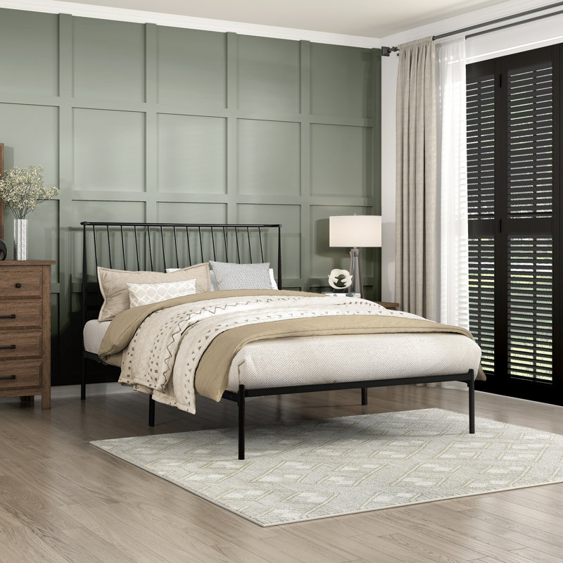 Grand lit plateforme en métal avec motif de chambre à coucher noir: cadre de style moderne