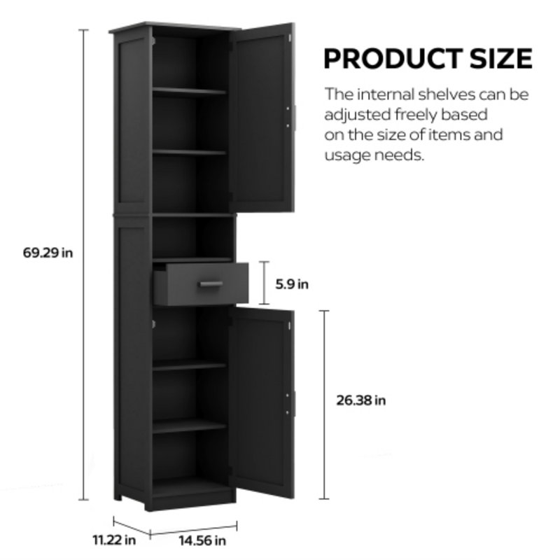 Armoire de salle de bain 69 po avec portes de grange et tiroir, Noir mat