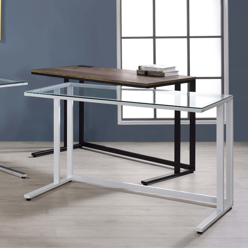 Bureau d'écriture en noyer et blanc avec port USB, Blanc/noyer