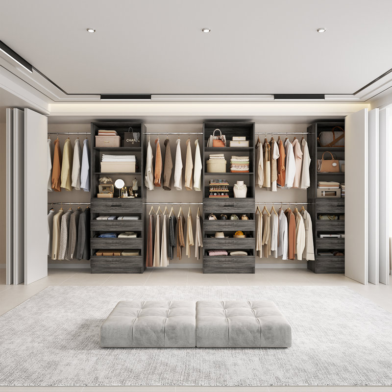 74"W To 116"W Adjustable Closet Organizer With 4 Drawers & 4 Rods, Gray