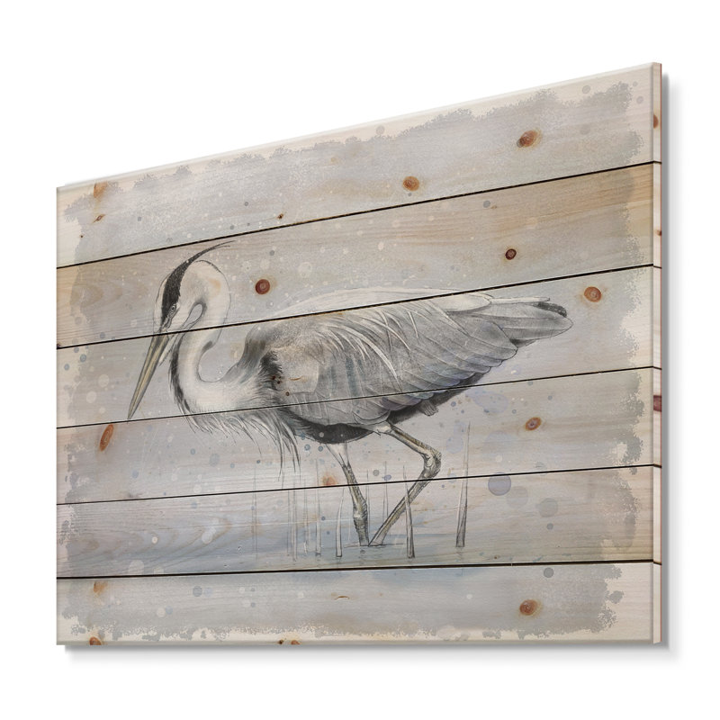 Héron cendré gris - impression de ferme sur bois de pin naturel, H 30 po x l 40 po x P 0,78 po