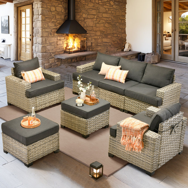Ensemble de 7 pièces de mobilier d'extérieur avec repose-pieds, Noir