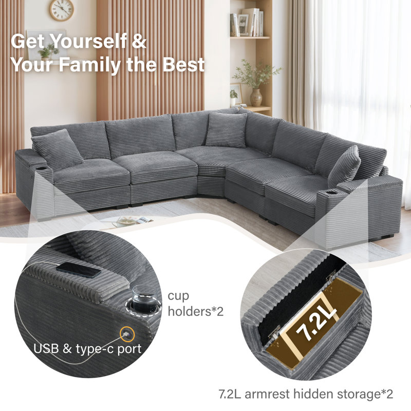 Convertible L-shaped & Symmetrical Modular Sofa With Armrest Storage, Cup Holders, Usb Charger, And Irregular Corner Design