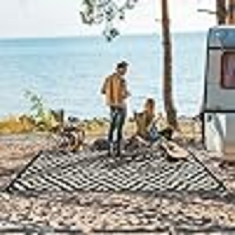 5X8 Outdoor Rug Waterproof, Reversible Mats, Area Rug, Plastic Outside Carpet, Geometric Rv Mat For Patio Camping Rv Picnic Backyard Deck Balcony Porch Beach Trailer (Black & Beige)