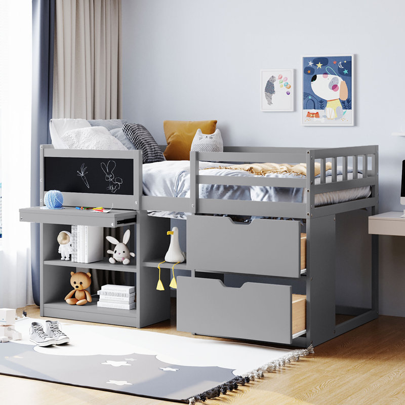 Lit mezzanine simple bas avec bureau roulant, tablette et tiroirs, Grey