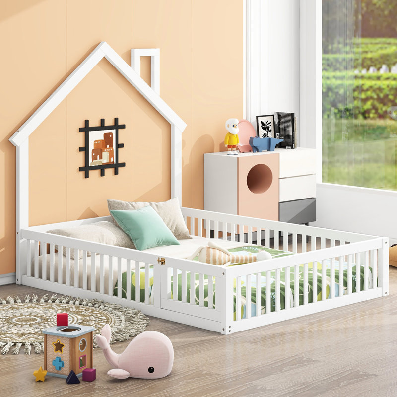 Lit double rustique en bois rustique avec garde-corps, blanc - Garde-corps indispensable pour la chambre à coucher