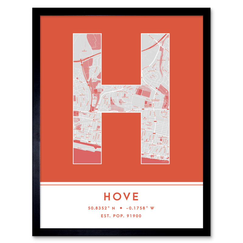 Hove City Map Hove England United Kingdom City Map Orange - Single Picture Frame Typography