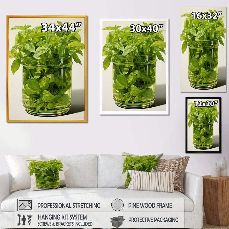 «Green Minimalist Herbal Harmony II - Floral Herbs», art mural, Cadre flottant blanc, H 44 po x l 34 po