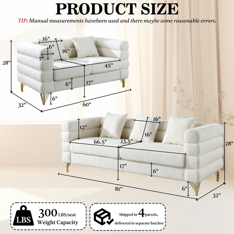 Un ensemble de canapé moelleux en forme de nuage de conception moderne avec des pieds en métal luxueux et des coussins décoratifs assortis, avec un dossier ondulé en forme de nuage