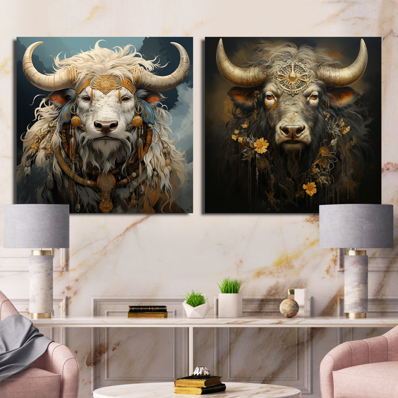 Silhouette baroque yak - animaux, ensemble de 2 collages carrés yak, Toile tendue, H 30 po x l 61 po