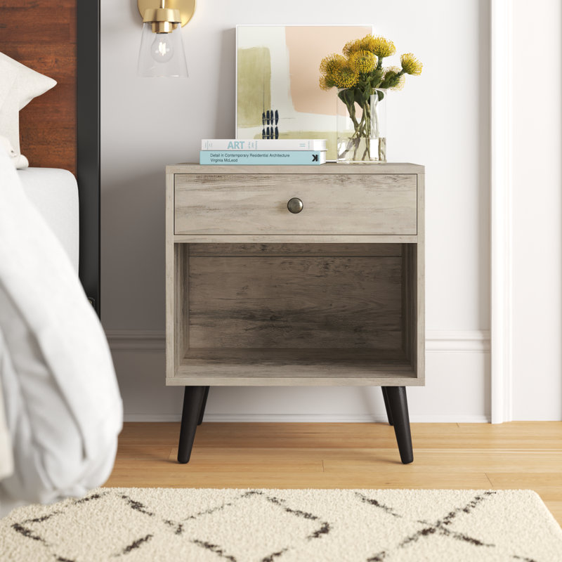 Vansant 1 - Drawer Nightstand with Drawer and Open Compartment, Solid Wood Legs, Greige