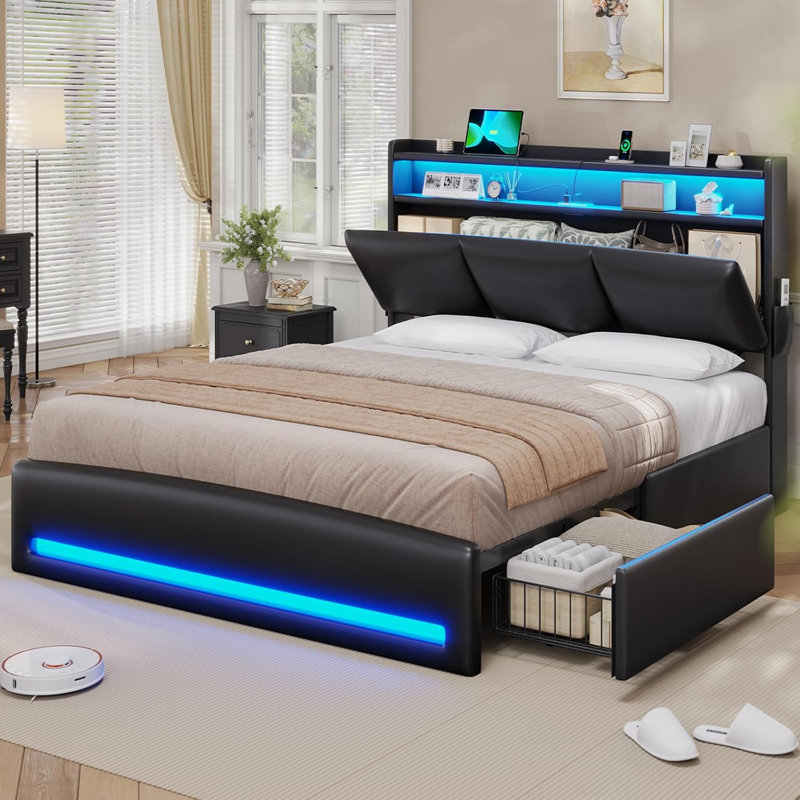 Full Size Upholstered Platform Bed Frame with Charging Station, 4 Drawers and LED Lights, Heavy Duty, No Box Spring Needed