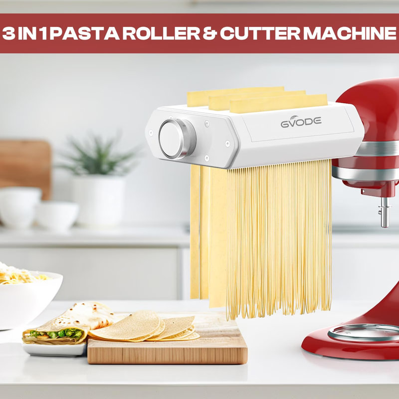 Accessoire de machine à pâtes 3-en-1 pour batteur sur socle KitchenAid avec coupe-rouleaux, spaghetti et fettuccine
