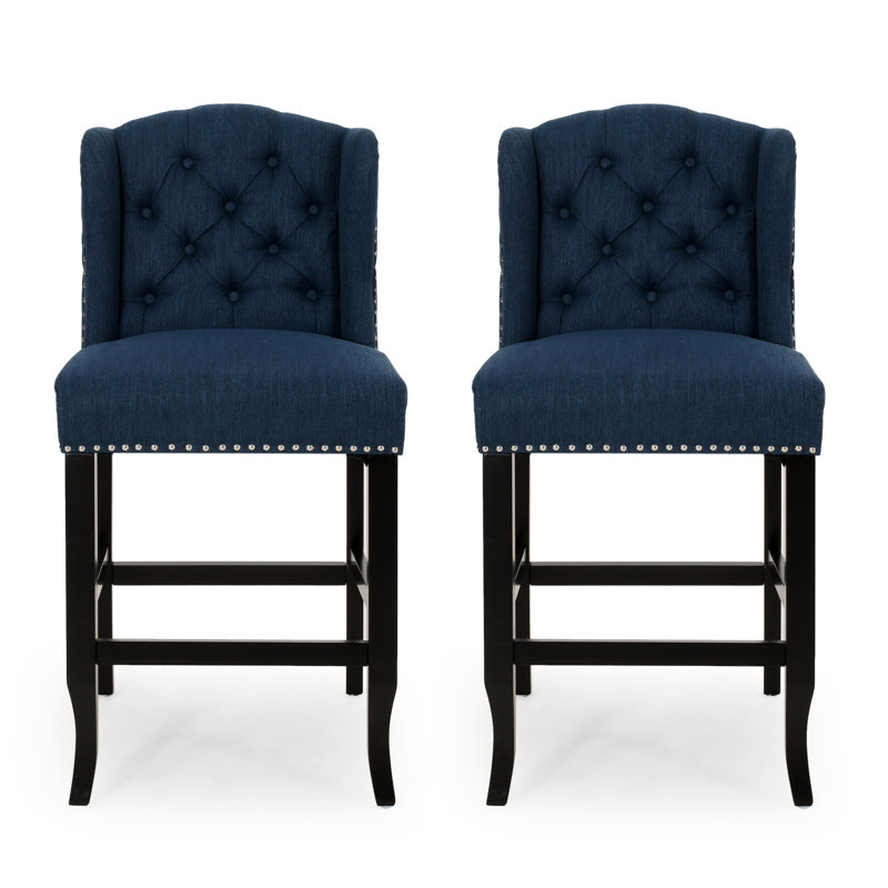 Ensemble de 2 tabourets de comptoir à oreilles capitonnés en tissu, bleu marine et brun foncé, Bleu / Noir, 27