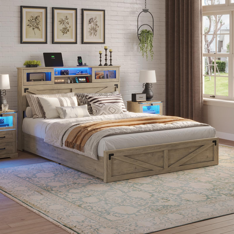 Farmhouse Bed Frame Queen With Bookshelf Headboard And 2 Drawers, Platform Queen Bed With Led Lights And Charging Station, Grey