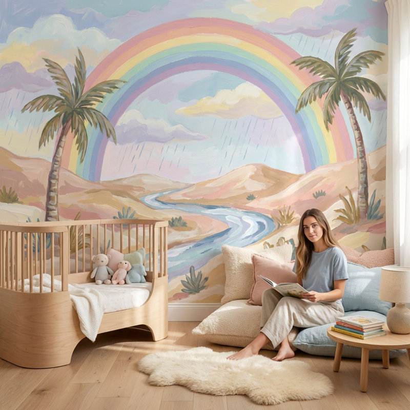 Papier peint arc-en-ciel avec palmiers, Non tissé non collé, 200 po x 120 po