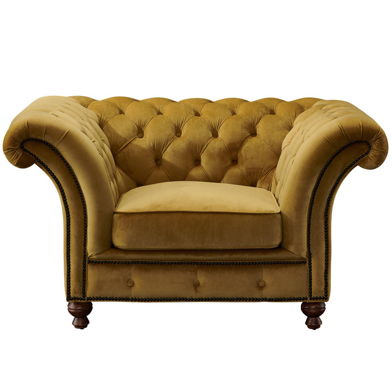 Peppie Velvet Chesterfield Chair, Yellow Genuine Leather