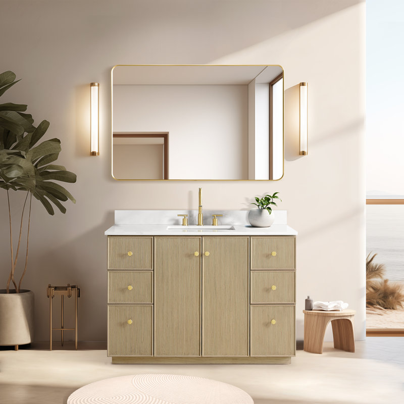Amella 48'' Free Standing Single Bathroom Vanity with Quartz Top, Natural Oak