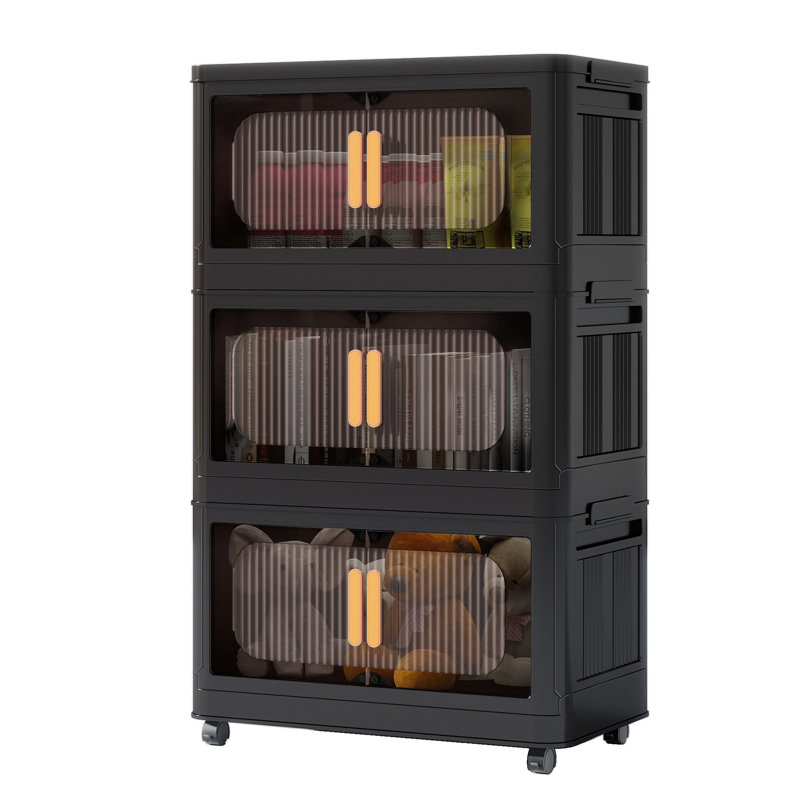 Collapsible Storage Cabinet, 20” Wide Black Plastic Bins – Folding Design, Magnetic Door, Removable Wheels, Thickened Pp Material (odor-free), Perfect For Home/dorm/game Room Organization