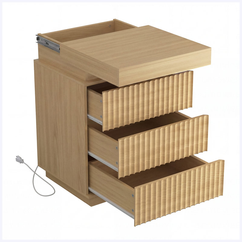 (Ensemble de 2) Tables de chevet naturelles avec station de charge et lumières DEL, tables de chevet à panneau ondulé cannelé avec rangement caché pour le salon de la chambre à coucher