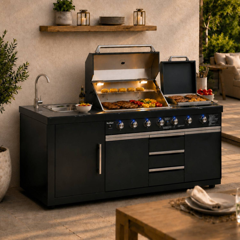 Îlot de cuisine extérieure modulaire Akoah en 2 pièces avec gril, évier, deux brûleurs latéraux et bac à charbon