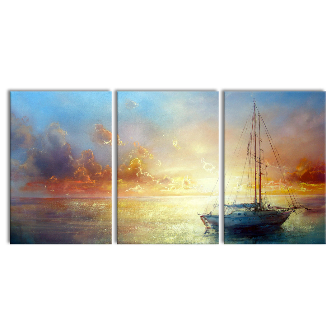 Beautiful Painting of a Boat Graphic 3 Piece Photographic Print on Canvas Set