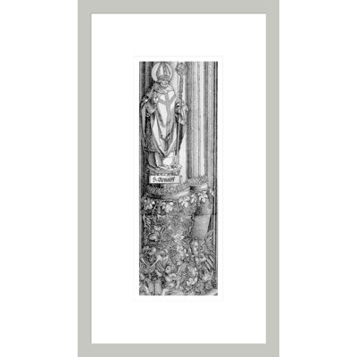 L'arche de triomphe de l'empereur Maximilien Ier d'Allemande (1459-1519): détail de la colonne de la porte de gauche montrant la statue de Saint-Arnoul (d. 643) avec une vigne en dessous et des chérubins soufflant dans un pub. par Albrecht Dürer, impression giclée encadrée