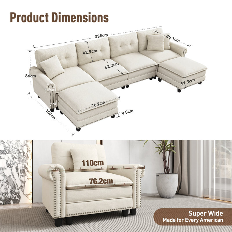 Sectional, 88cm H x 380cm W x 85cm D, Beige