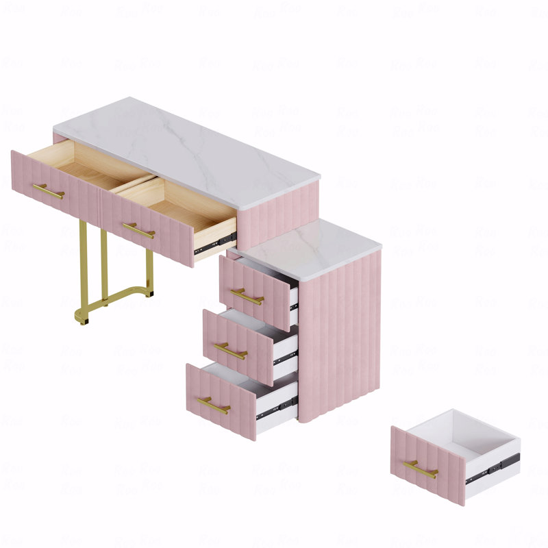 Velvet Upholstered Vanity Desk (Makeup Vanity) With Vanity Chair, Makeup Vanity  With 5 Big Drawers, Makeup Table With Padded Chair, Marble-Look Sticker Top Dressing Table (Makeup Vanity) With Left/Right Adjustable Storage, Pink