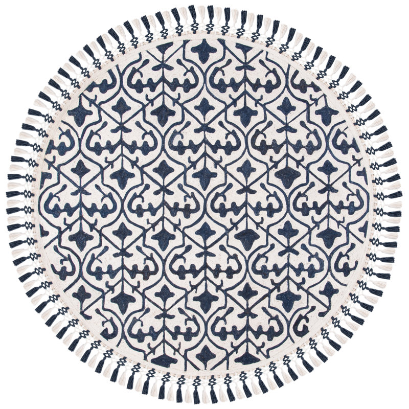 Tapis bleu marine / ivoire touffeté à la main Ezmerelda, Rond 6 pi