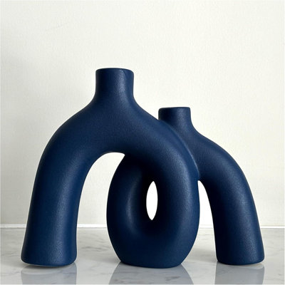 Aesthetic Ceramic Vase Home Decor, Dark Blue Decorations, Modern Coastal Decorative Vase for Dining Table Centrepiece Bookshelf Office Entryway Console Fireplace
