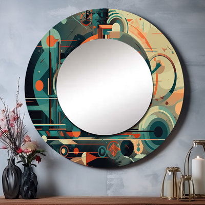 Orange And Blue Abstracted Nostalgia I - Modern Midcentury Round Mirror Wall Decor_MTMIR61673