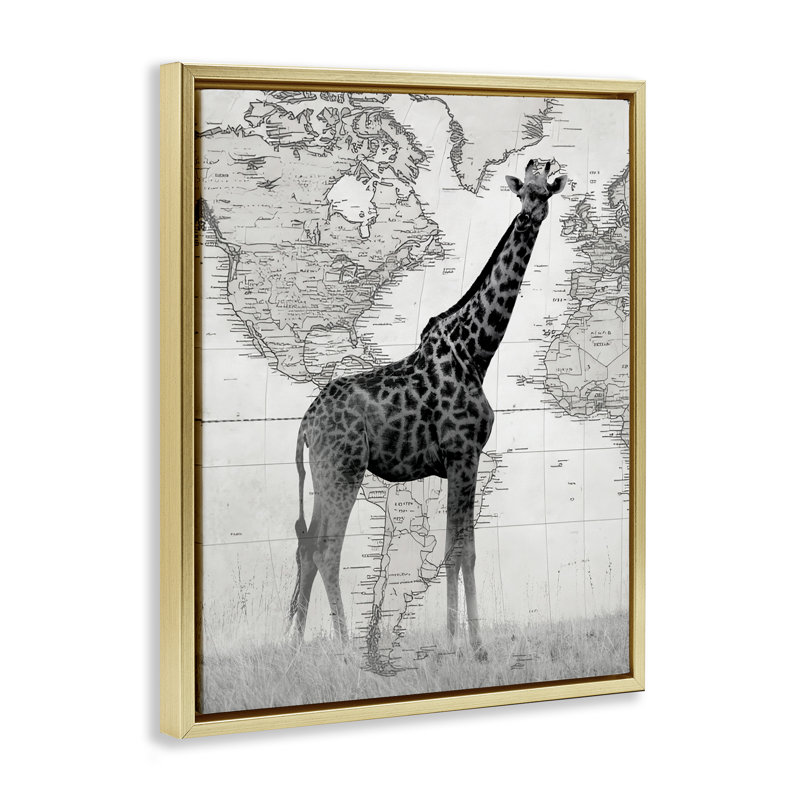 Girafe avec carte du monde rétro, Cadre flottant gris lustré, H 31 po x l 25 po