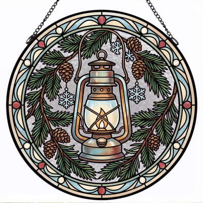 Winter Lantern Stained Glass Window Panel，12"H