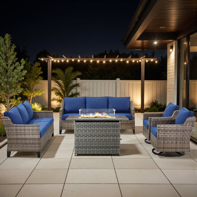 Maellys 5-Piece Outdoor Wicker Patio Fire Pit Conversation Set With Rectangle Fire Pit, 3-Seat Sofa ＆ Swivel Gliders