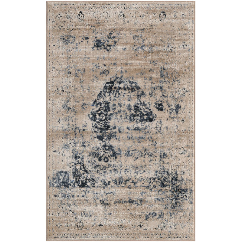Arkeen Oriental Dark Blue/Beige/Ivory/Gray Area Rug, Rectangle 2' x 3'1"