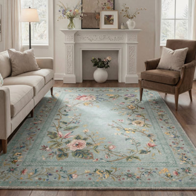 Tapis bleu lavable à la machine avec envers antidérapant Abbey